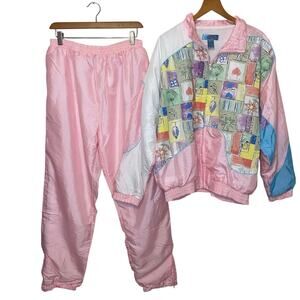 VTG Colin Nylon Pink Floral Grandmacore Tracksuit Jacket & Joggers Lg Streetwear